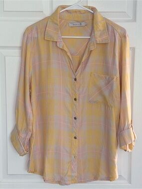 Billy T Plaid Button-Up Shirt Women’s‎ L Soft Roll-Tab Sleeve Western Americana